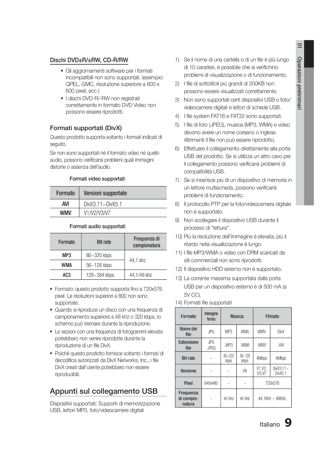 Samsung HT-E330/ZF manual Appunti sul collegamento USB, Dischi DVD±R/±RW, CD-R/RW, Formati supportati DivX 