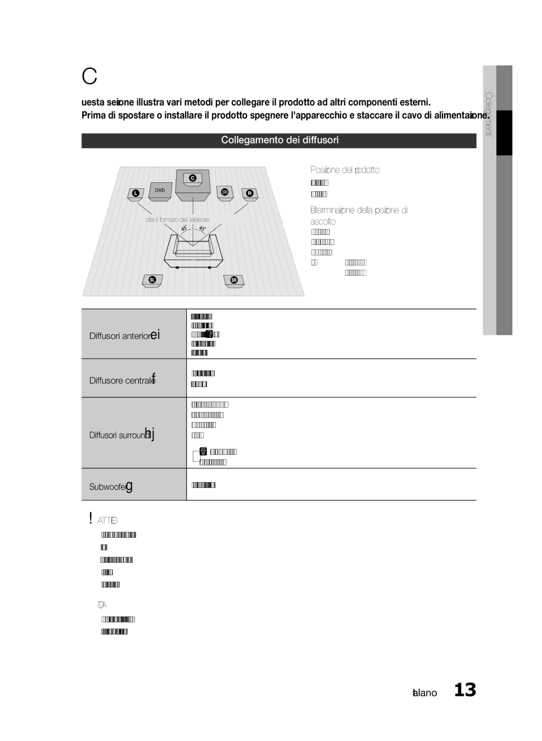 Samsung HT-E330/ZF manual Collegamenti, Collegamento dei diffusori, Attenzione 