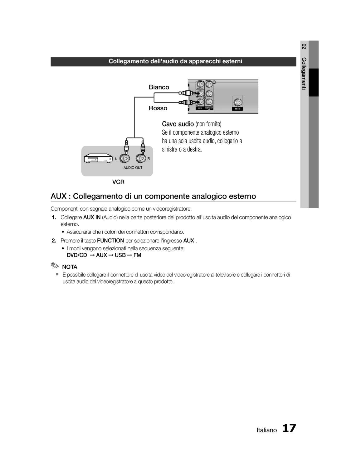 Samsung HT-E330/ZF AUX Collegamento di un componente analogico esterno, Collegamento dellaudio da apparecchi esterni, Vcr 