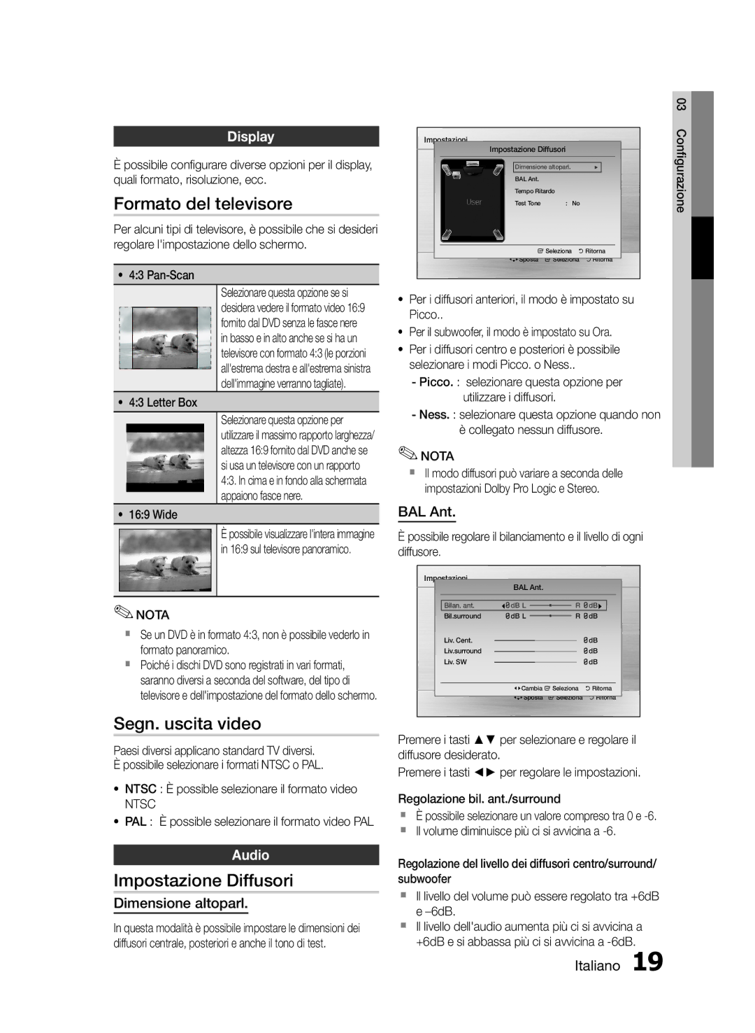 Samsung HT-E330/ZF manual Formato del televisore, Segn. uscita video, Impostazione Diffusori, Display 