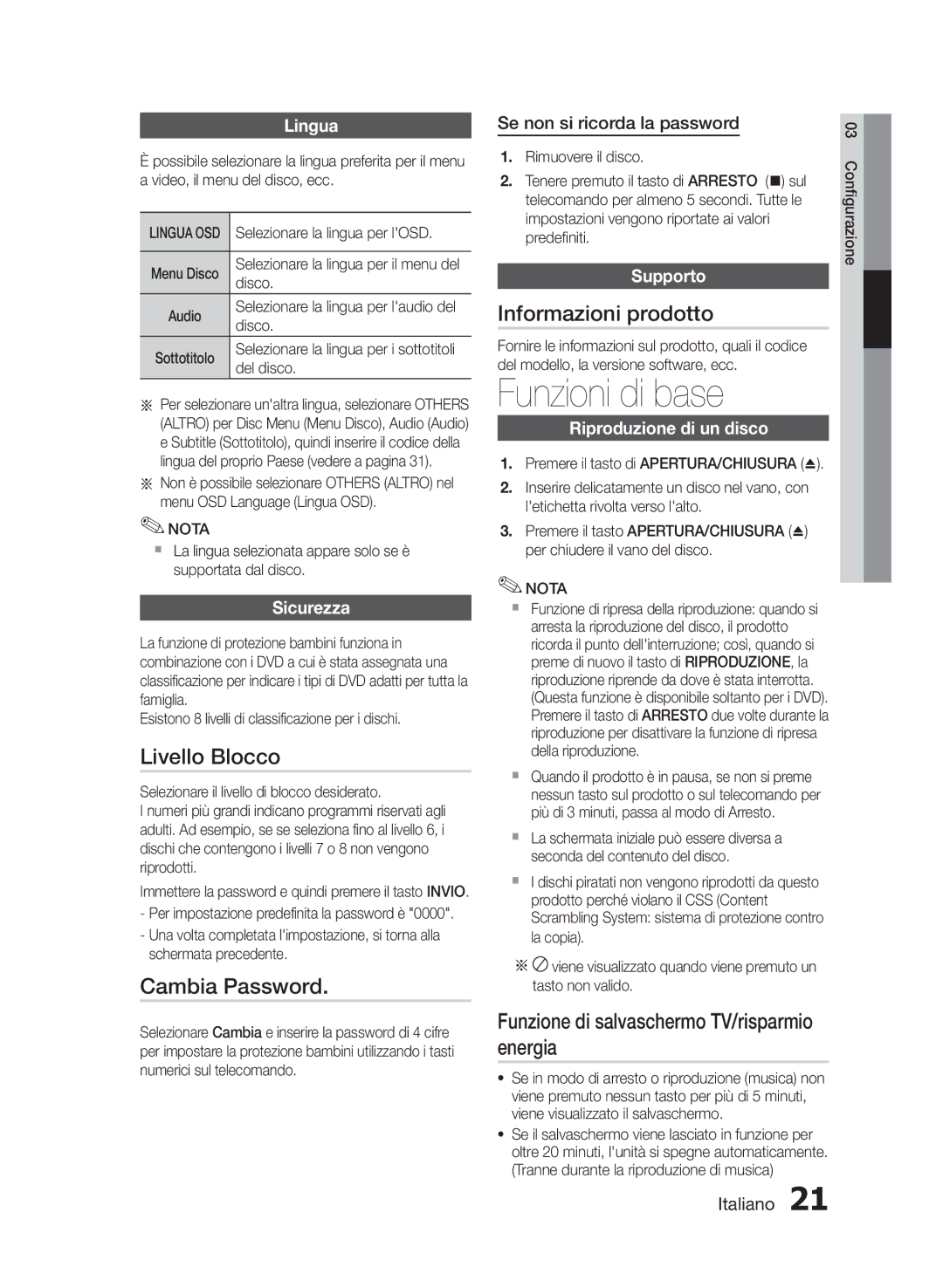 Samsung HT-E330/ZF manual Funzioni di base, Livello Blocco, Cambia Password, Informazioni prodotto 