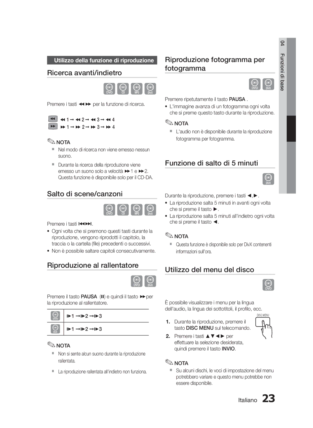 Samsung HT-E330/ZF manual Ricerca avanti/indietro, Salto di scene/canzoni, Fotogramma, Riproduzione fotogramma per 