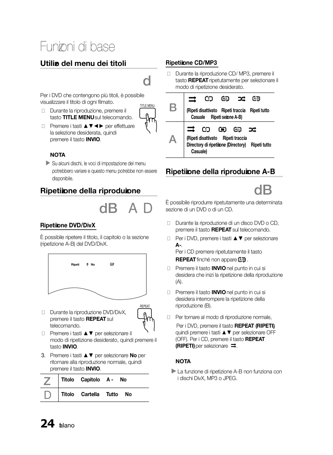 Samsung HT-E330/ZF manual Utilizzo del menu dei titoli, Ripetizione della riproduzione A-B, Ripetizione DVD/DivX 