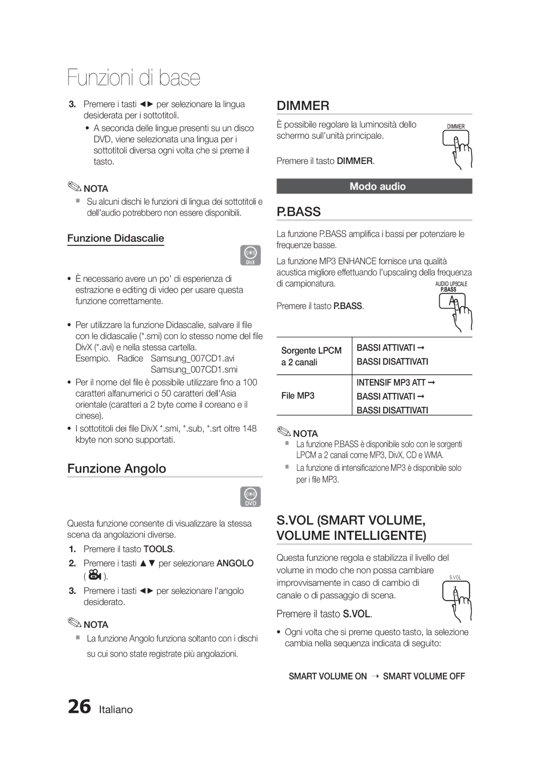 Samsung HT-E330/ZF manual Funzione Angolo, VOL Smart VOLUME, Volume Intelligente, Funzione Didascalie, Modo audio 