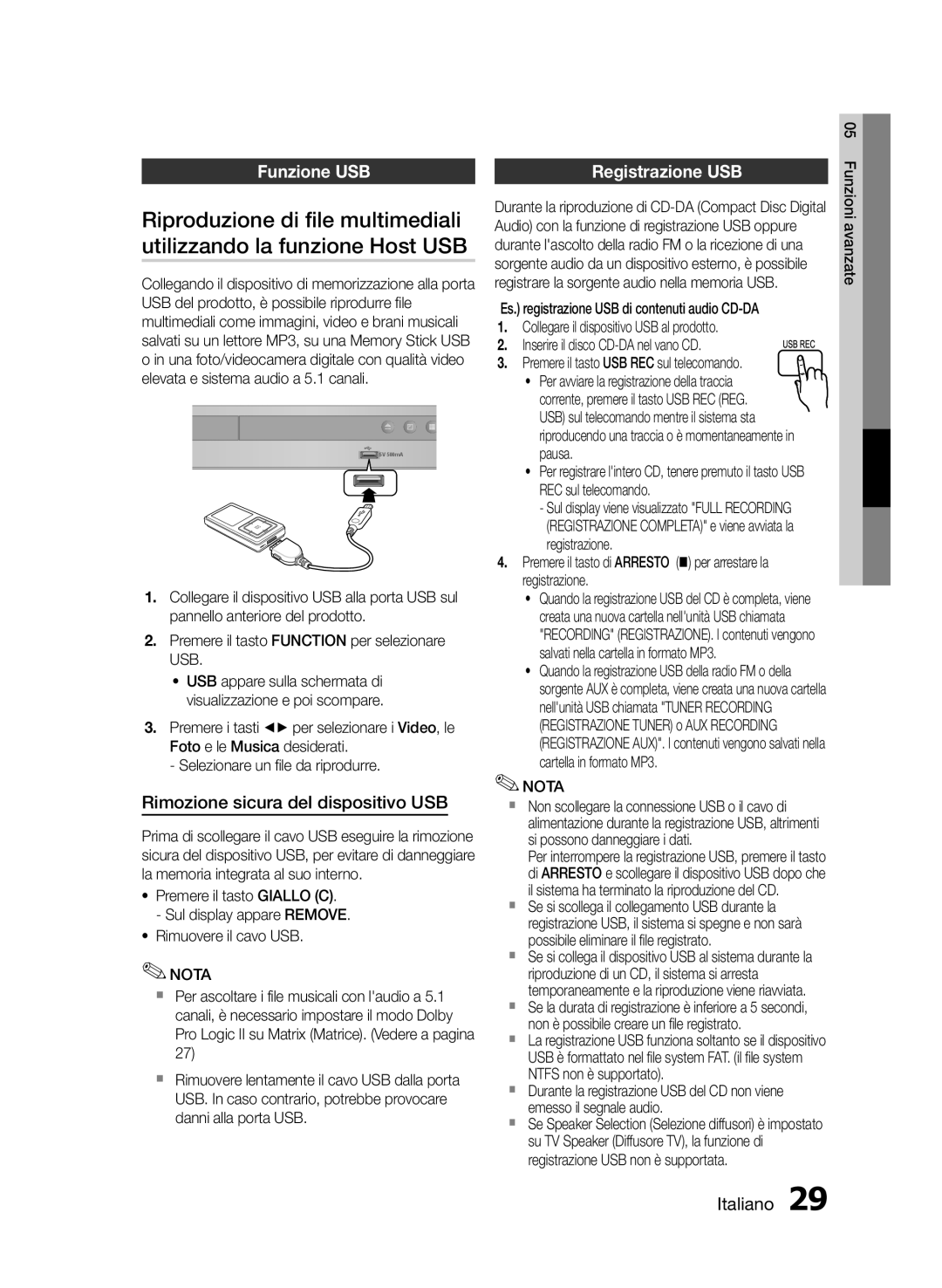 Samsung HT-E330/ZF Riproduzione di file multimediali, Utilizzando la funzione Host USB, Funzione USB Registrazione USB 