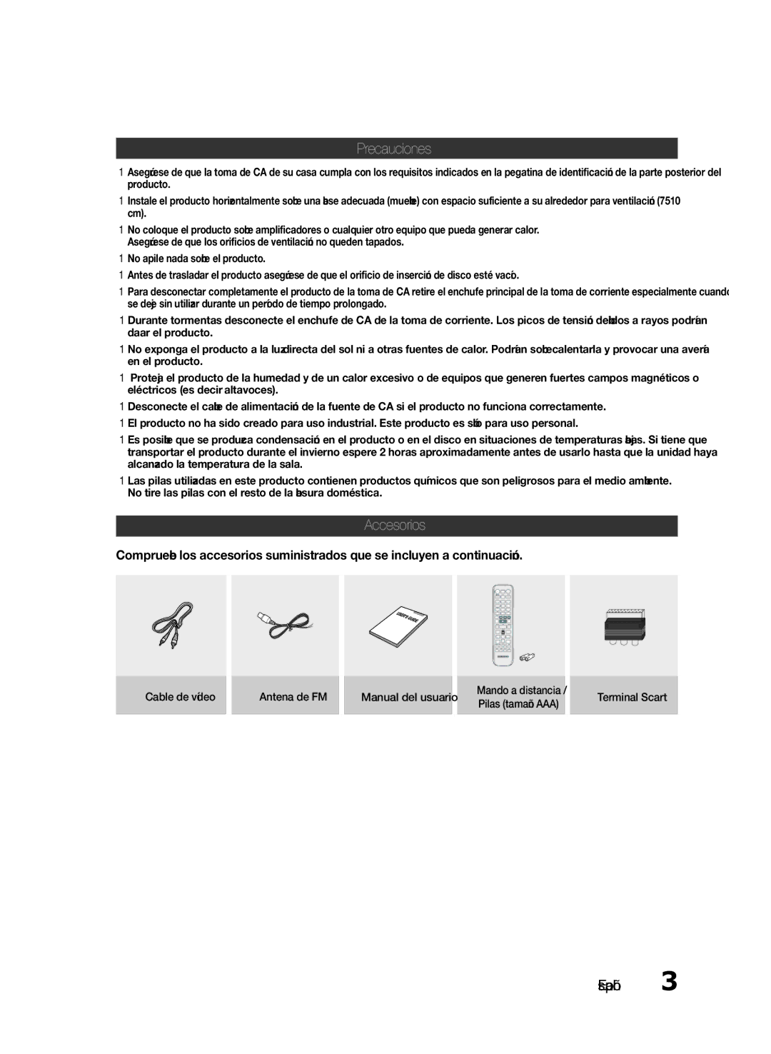 Samsung HT-E330/ZF manual Precauciones, Accesorios, Cable de vídeo Antena de FM Manual del usuario, Terminal Scart 