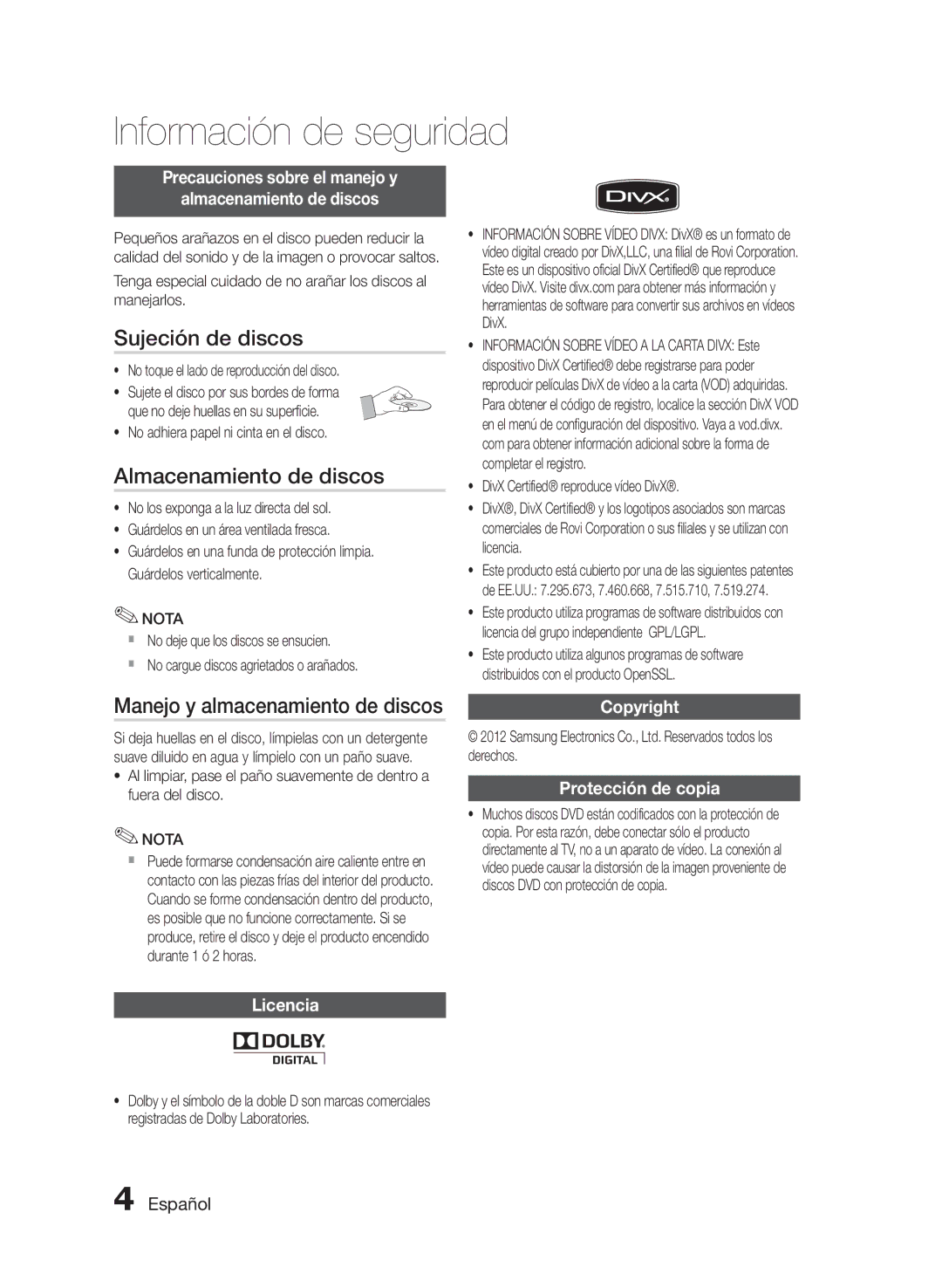 Samsung HT-E330/ZF manual Sujeción de discos, Almacenamiento de discos, Manejo y almacenamiento de discos 