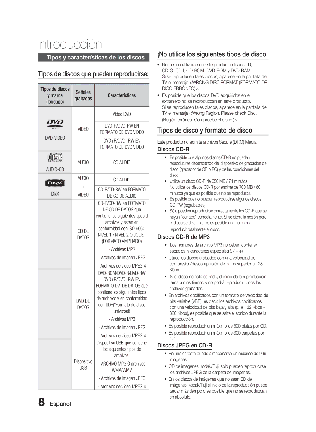 Samsung HT-E330/ZF manual ¡No utilice los siguientes tipos de disco, Tipos de disco y formato de disco 