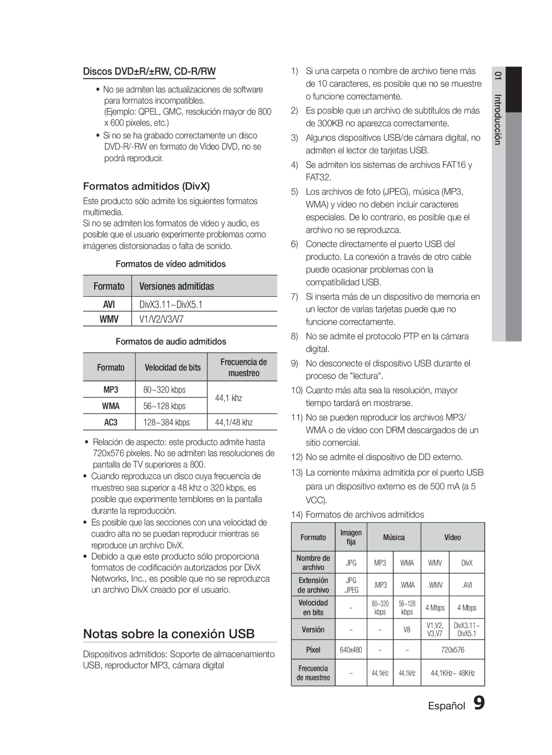 Samsung HT-E330/ZF manual Notas sobre la conexión USB, Discos DVD±R/±RW, CD-R/RW, Formatos admitidos DivX 