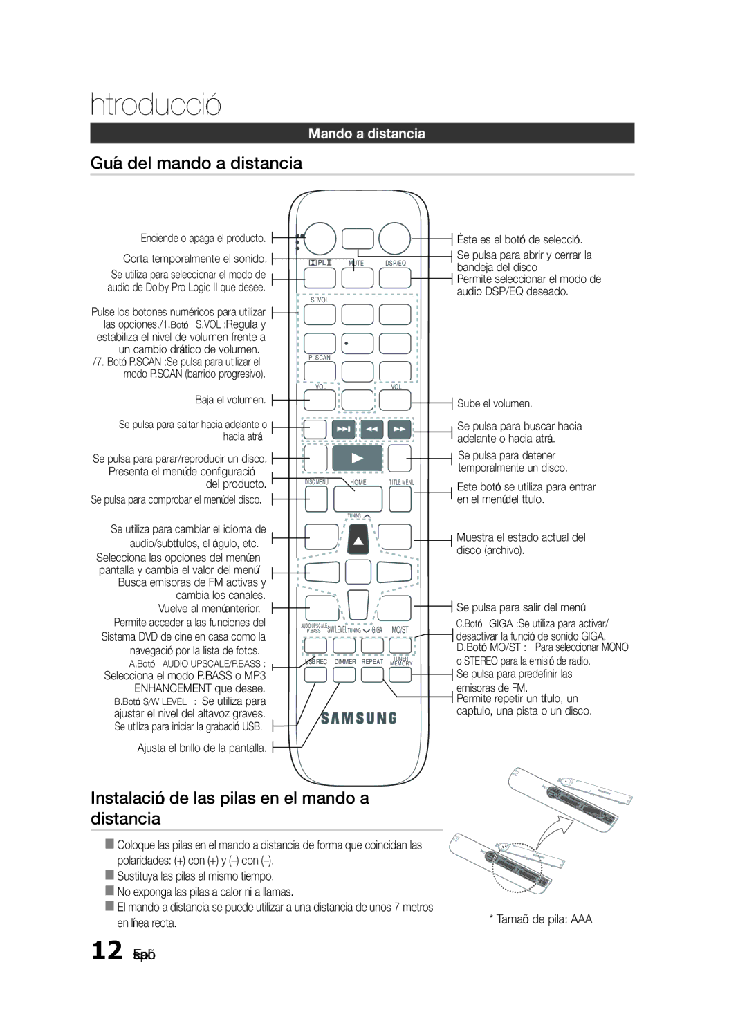 Samsung HT-E330/ZF manual Guía del mando a distancia, Instalación de las pilas en el mando a distancia, Mando a distancia 