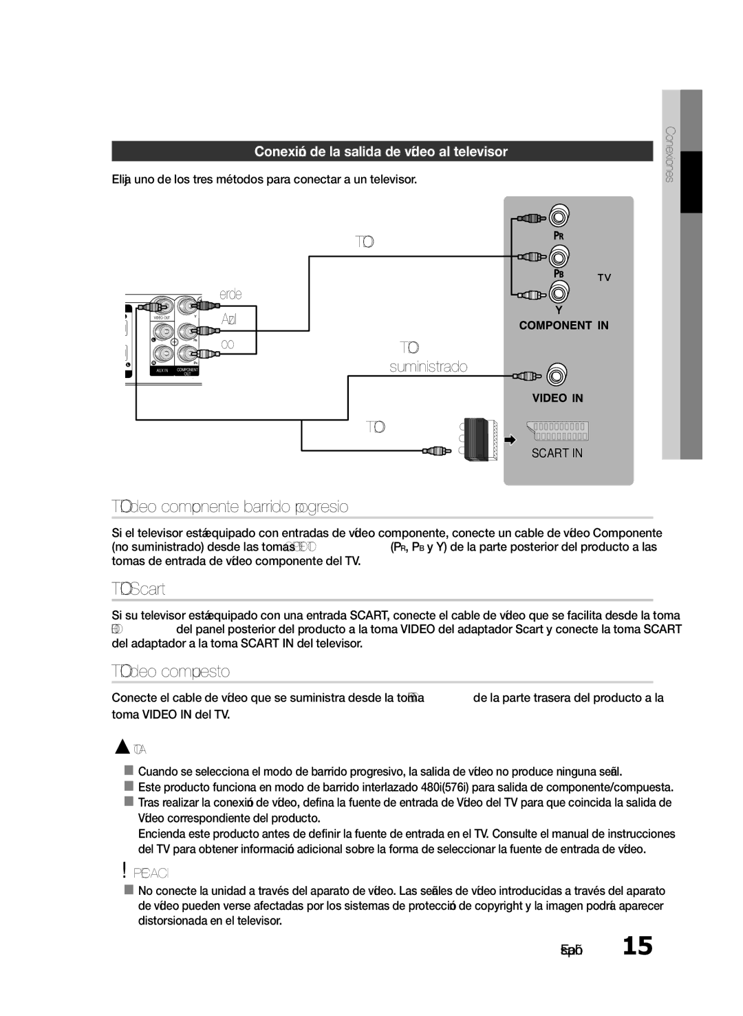 Samsung HT-E330/ZF manual Método 1 Vídeo componente barrido progresivo, Método 2 Scart, Método 3 Vídeo compuesto 