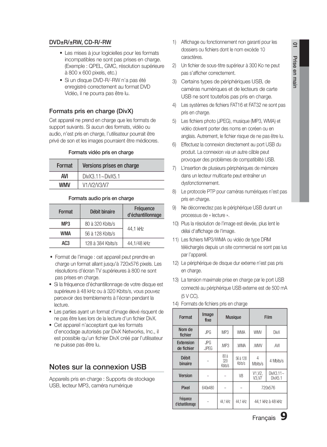 Samsung HT-E330/ZF manual Formats pris en charge DivX, Format Versions prises en charge, V1/V2/V3/V7 