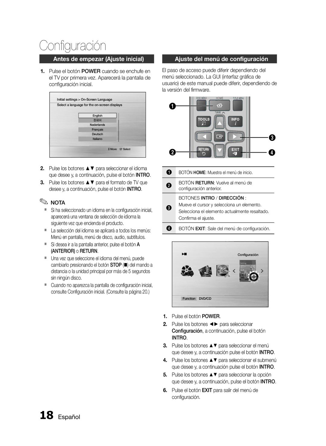 Samsung HT-E330/ZF manual Configuración, Antes de empezar Ajuste inicial, Ajuste del menú de configuración, Intro 