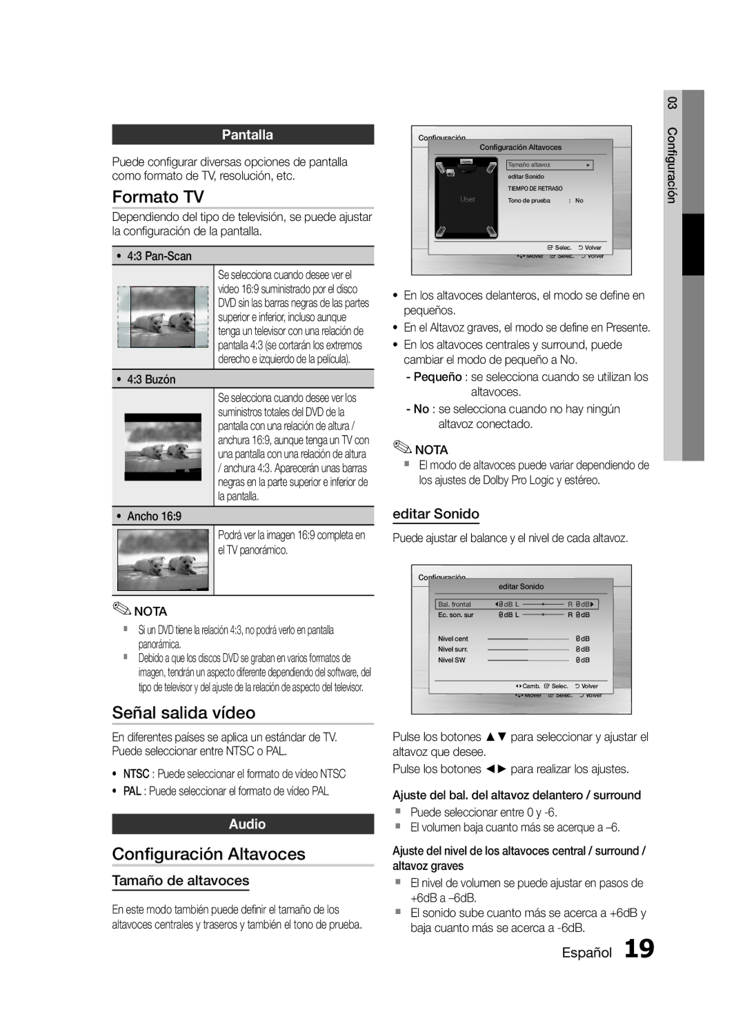 Samsung HT-E330/ZF manual Formato TV, Señal salida vídeo, Configuración Altavoces, Pantalla 