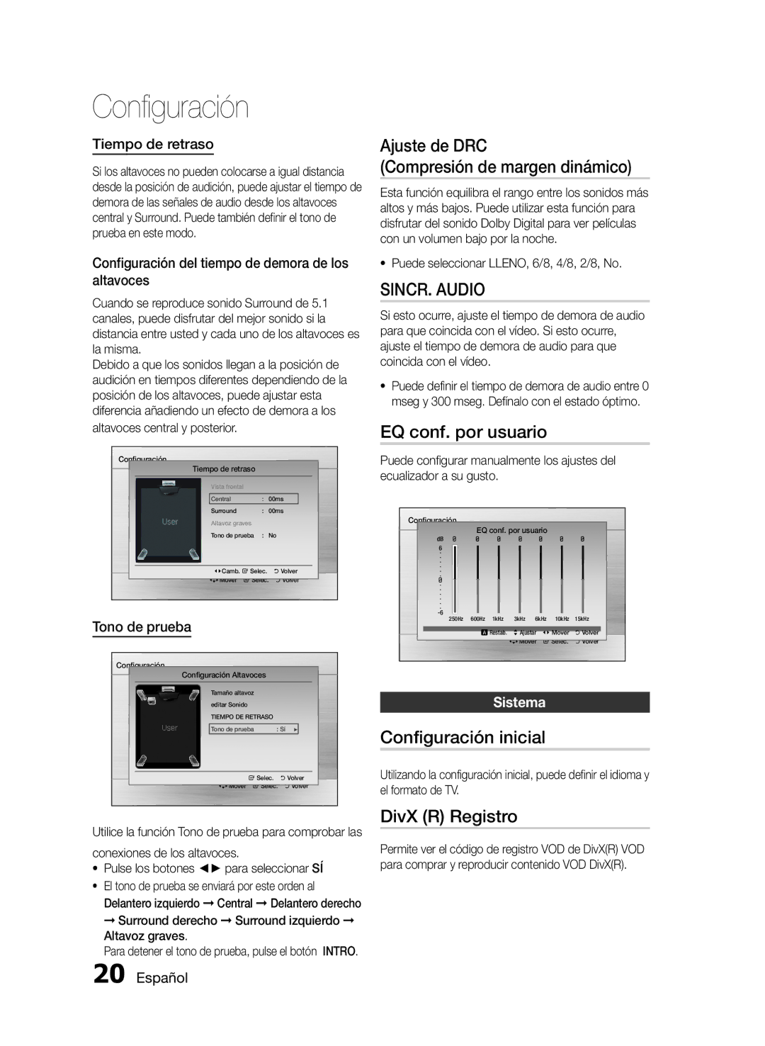 Samsung HT-E330/ZF Ajuste de DRC Compresión de margen dinámico, SINCR. Audio, EQ conf. por usuario, Configuración inicial 