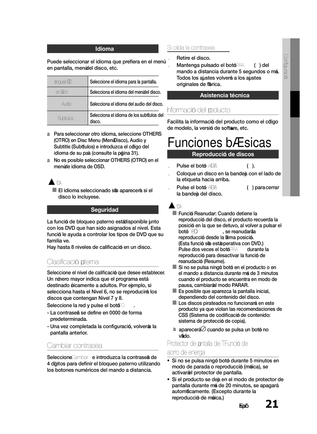 Samsung HT-E330/ZF manual Funciones básicas, Clasificación paterna, Cambiar contraseña, Información del producto 