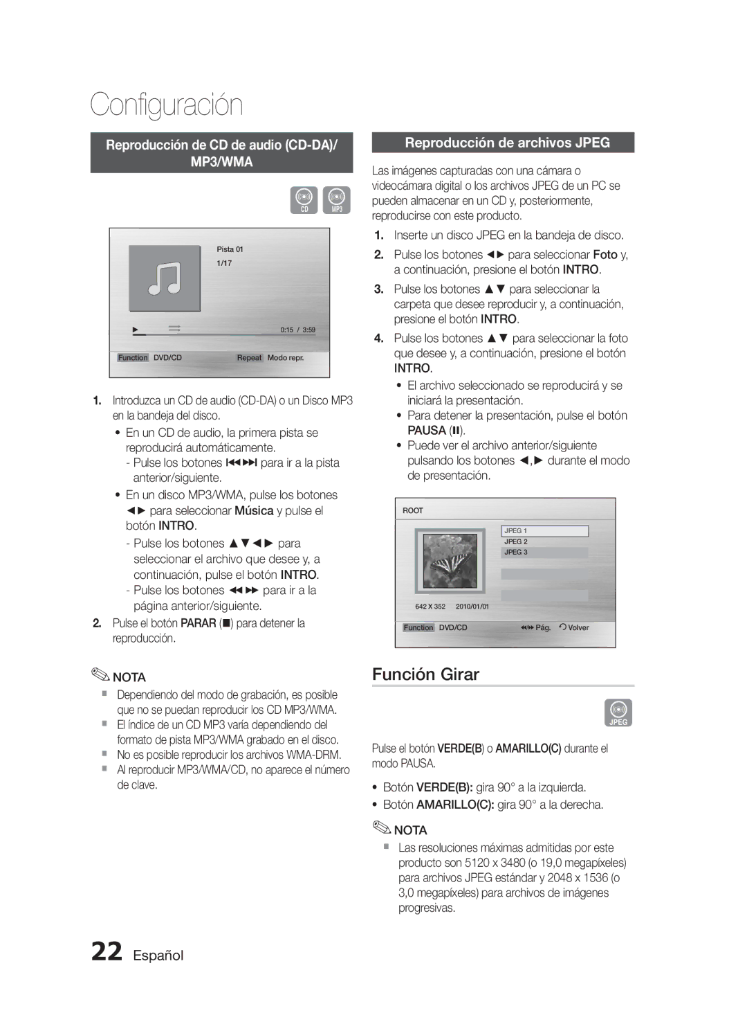 Samsung HT-E330/ZF manual Función Girar, Reproducción de CD de audio CD-DA, Reproducción de archivos Jpeg, De clave 