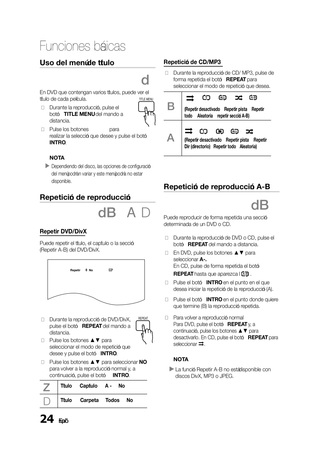 Samsung HT-E330/ZF Uso del menú de título, Repetición de reproducción A-B, Repetir DVD/DivX, Repetición de CD/MP3 