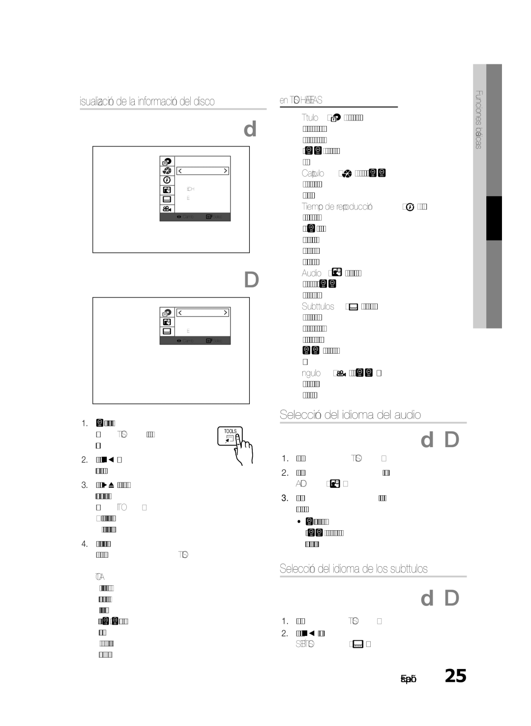 Samsung HT-E330/ZF Selección del idioma del audio, Visualización de la información del disco, Menú Tools Herramientas 