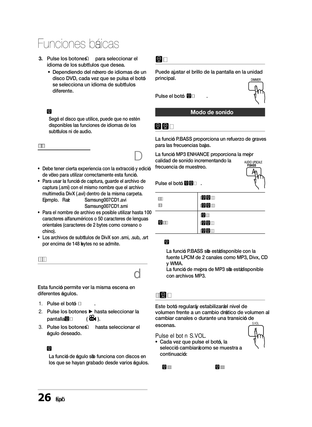 Samsung HT-E330/ZF Función de ángulo, VOL Volumen Inteligente, Función de captura, Modo de sonido, Pulse el botón S.VOL 