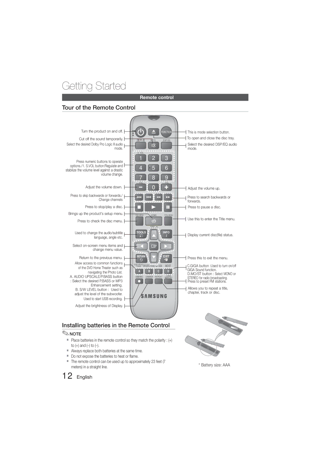 Samsung HT-E350, HT-355 user manual Tour of the Remote Control, Installing batteries in the Remote Control, Remote control 