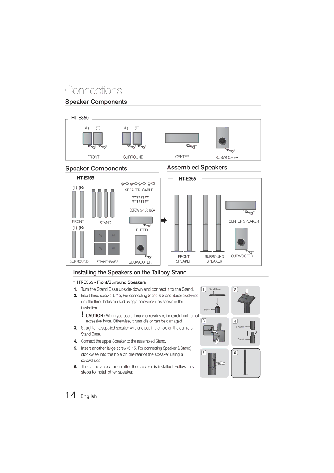 Samsung HT-E350, HT-355 user manual Speaker Components Assembled Speakers, Installing the Speakers on the Tallboy Stand 