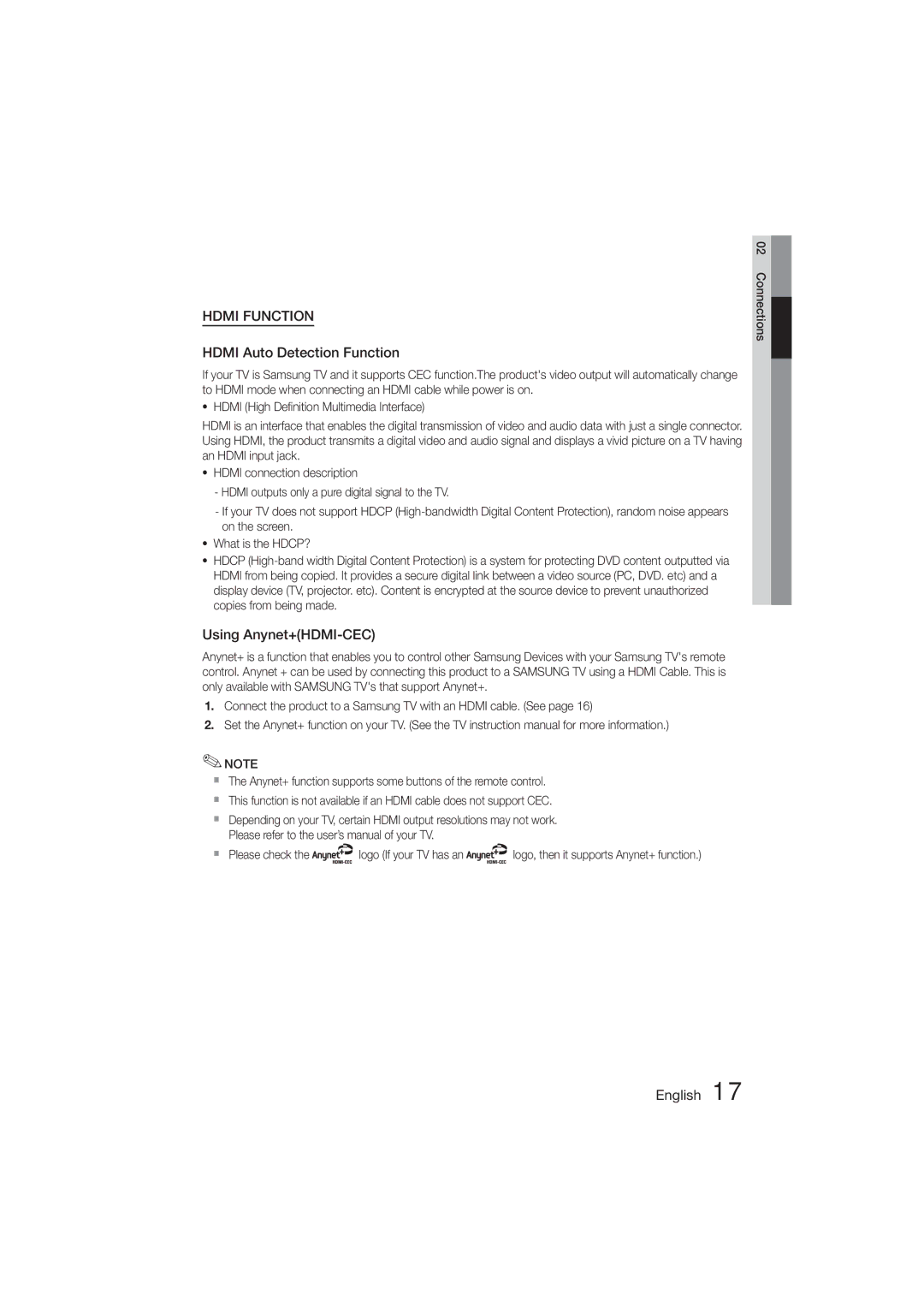 Samsung HT-355, HT-E350 user manual Hdmi Auto Detection Function, Using Anynet+HDMI-CEC 