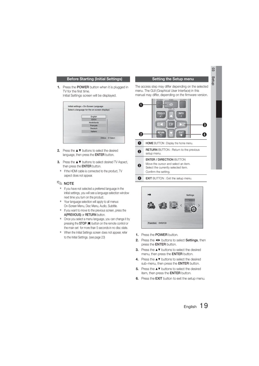 Samsung HT-355 Before Starting Initial Settings, Setting the Setup menu, Press the Exit button to exit the setup menu 