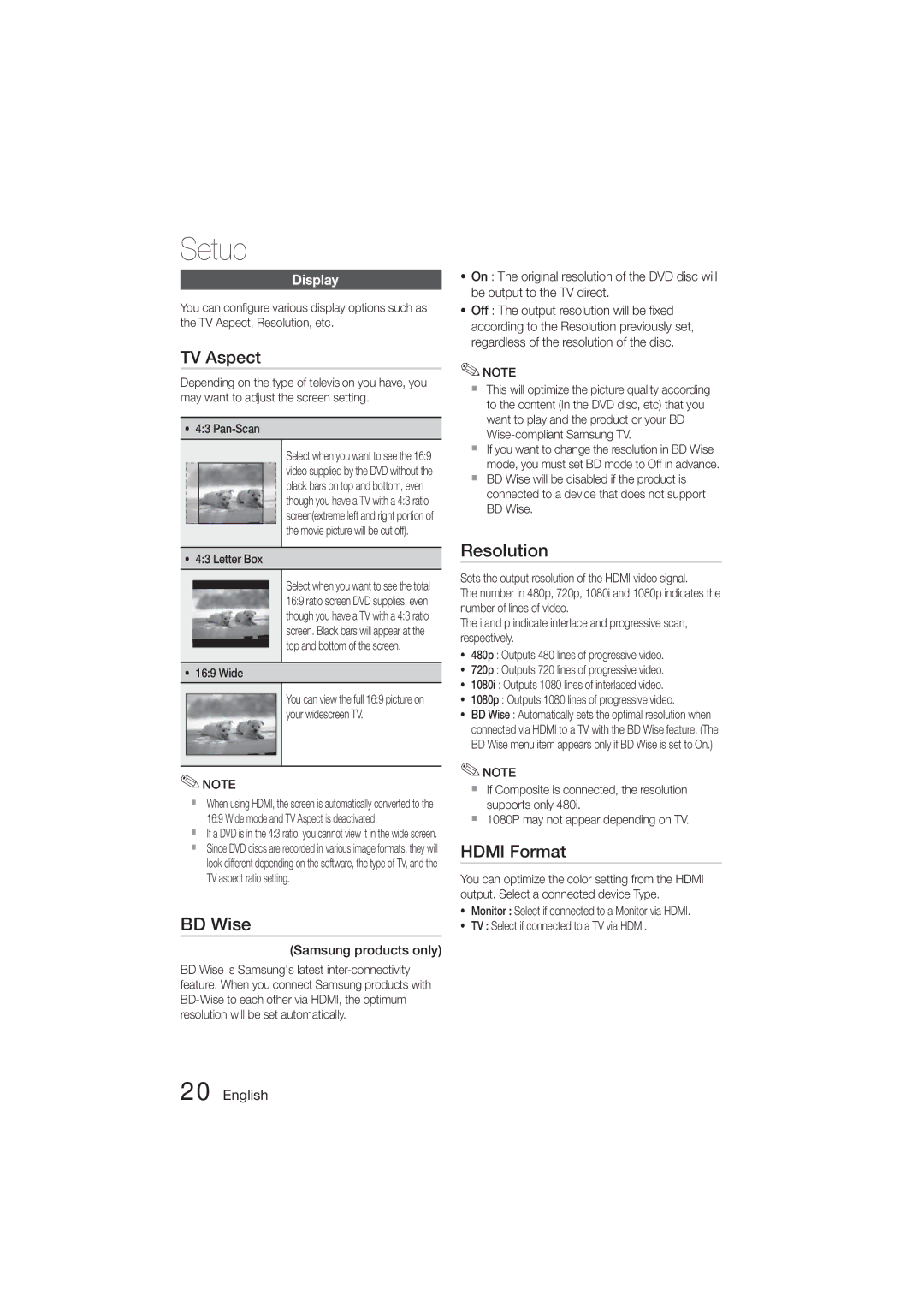 Samsung HT-E350, HT-355 user manual Setup, TV Aspect, BD Wise, Resolution, Hdmi Format 