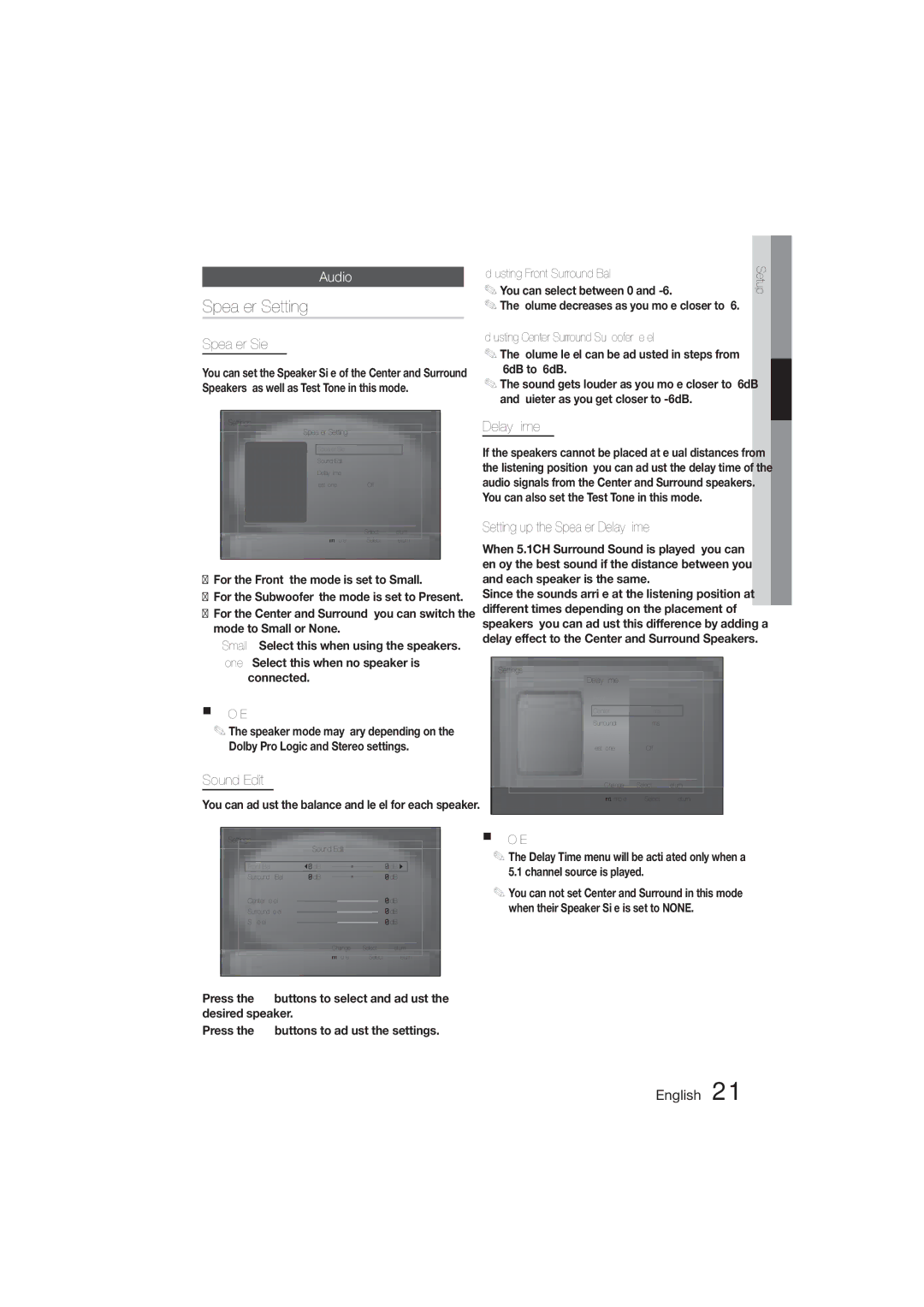 Samsung HT-355, HT-E350 user manual Speaker Setting, Audio 