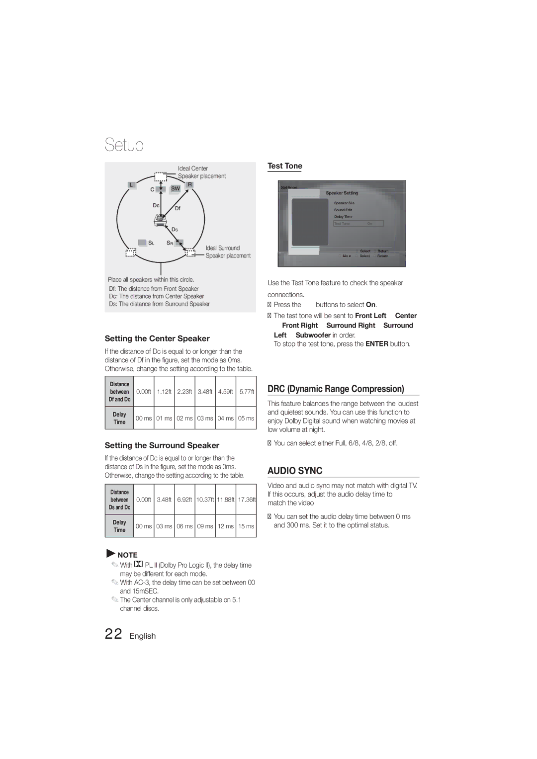 Samsung HT-E350, HT-355 DRC Dynamic Range Compression, Setting the Center Speaker, Setting the Surround Speaker, Test Tone 