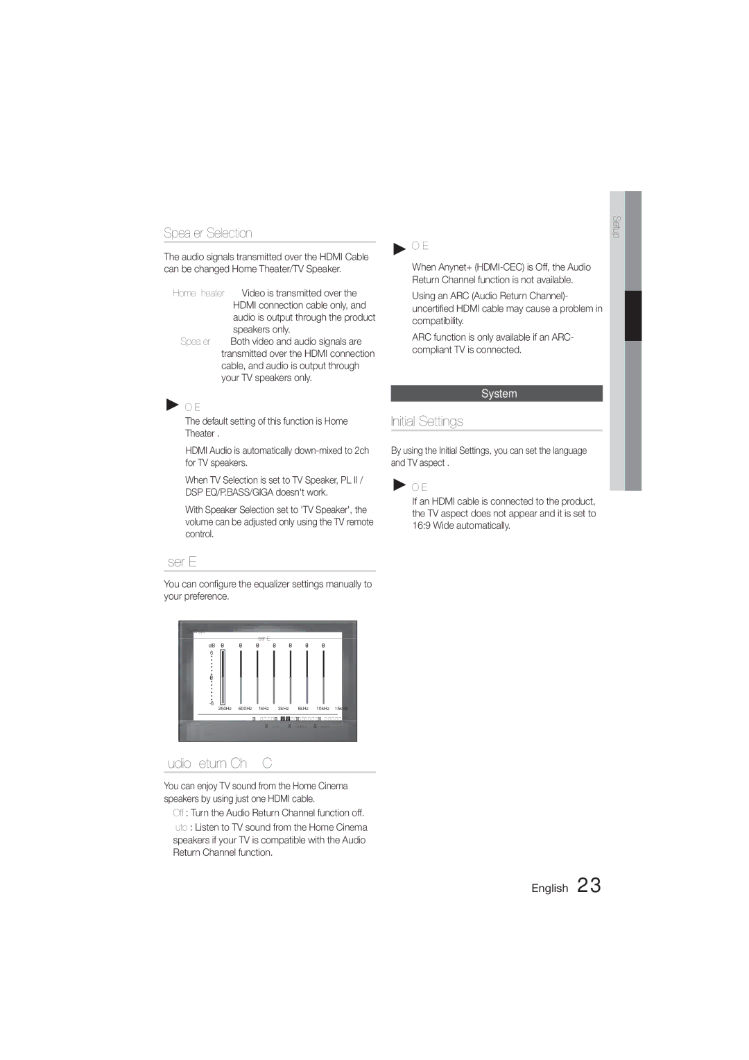 Samsung HT-355, HT-E350 user manual Speaker Selection, User EQ, Audio Return Ch.ARC, Initial Settings, System 