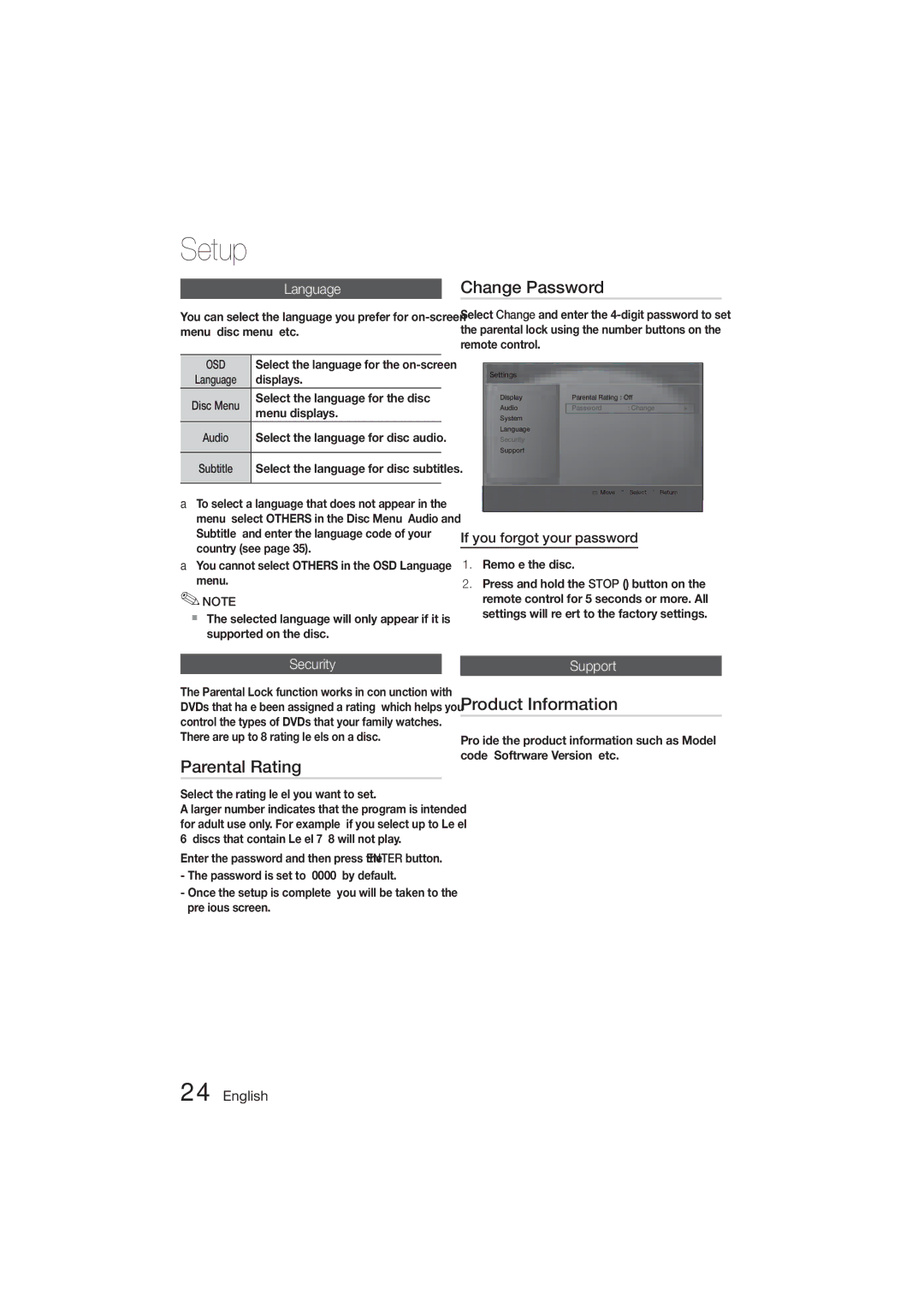 Samsung HT-E350, HT-355 user manual Change Password, Parental Rating, Product Information 