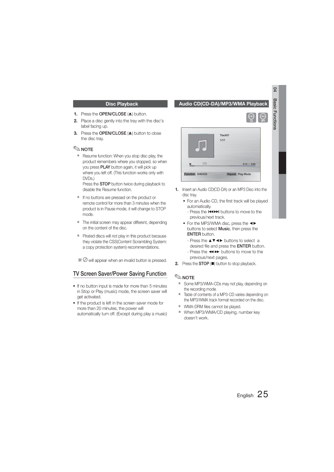 Samsung HT-355, HT-E350 user manual Disc Playback, Audio CDCD-DA/MP3/WMA Playback 