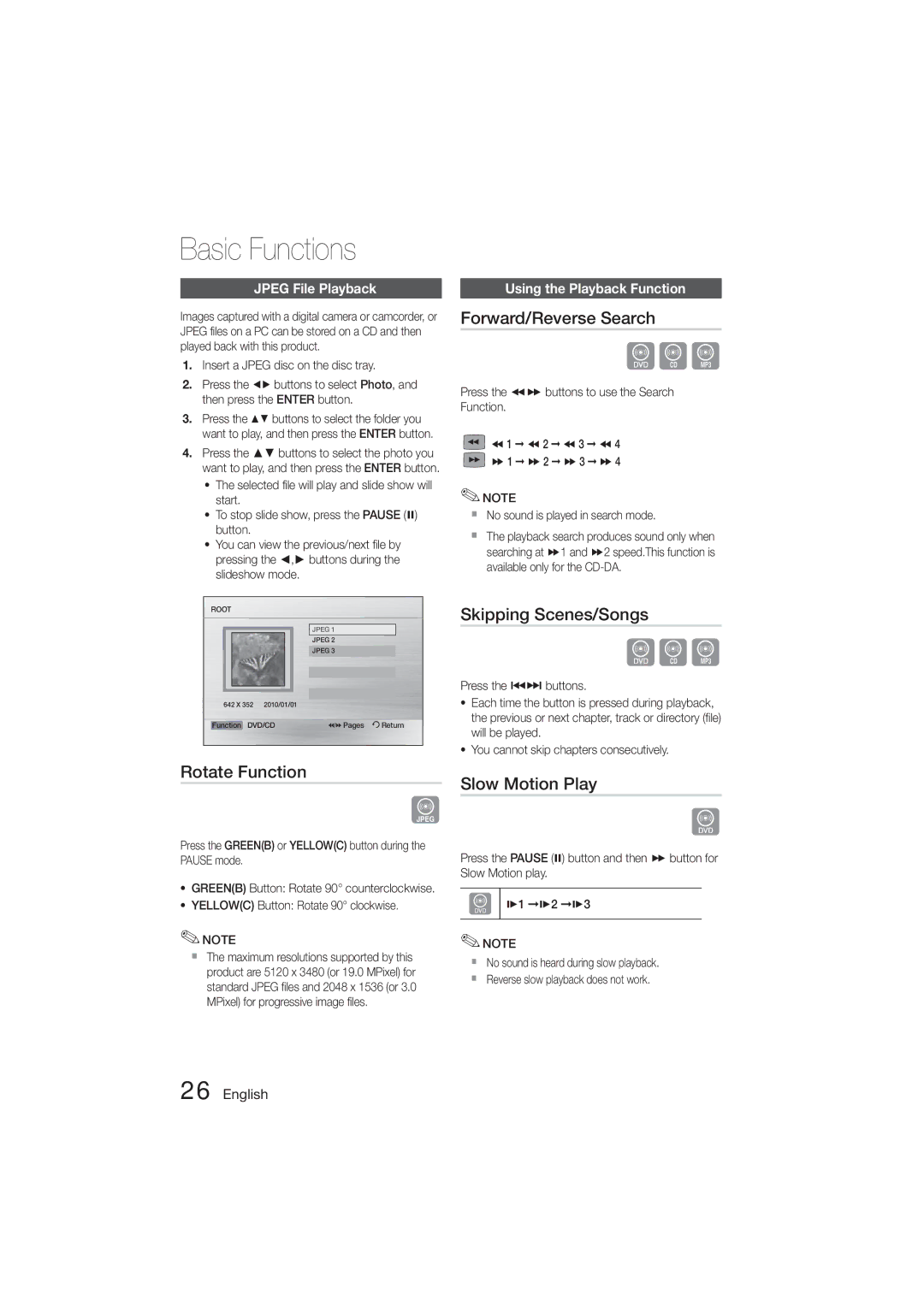 Samsung HT-E350, HT-355 Basic Functions, Rotate Function, Forward/Reverse Search, Skipping Scenes/Songs, Slow Motion Play 