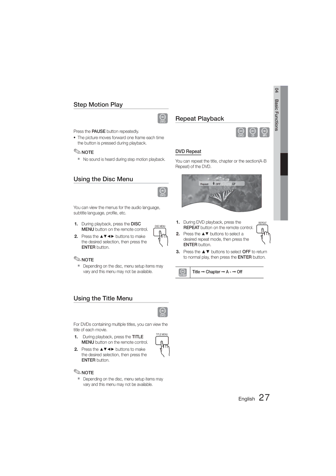 Samsung HT-355, HT-E350 user manual Step Motion Play, Repeat Playback, Using the Disc Menu, Using the Title Menu, DVD Repeat 