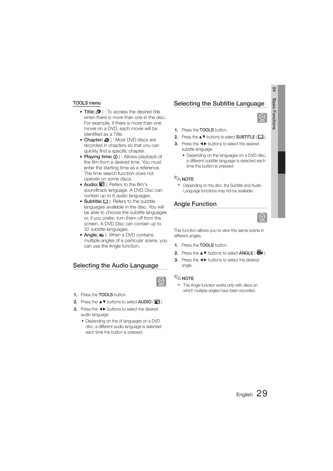 Samsung HT-355, HT-E350 Selecting the Audio Language, Selecting the Subtitle Language, Angle Function, Tools menu 