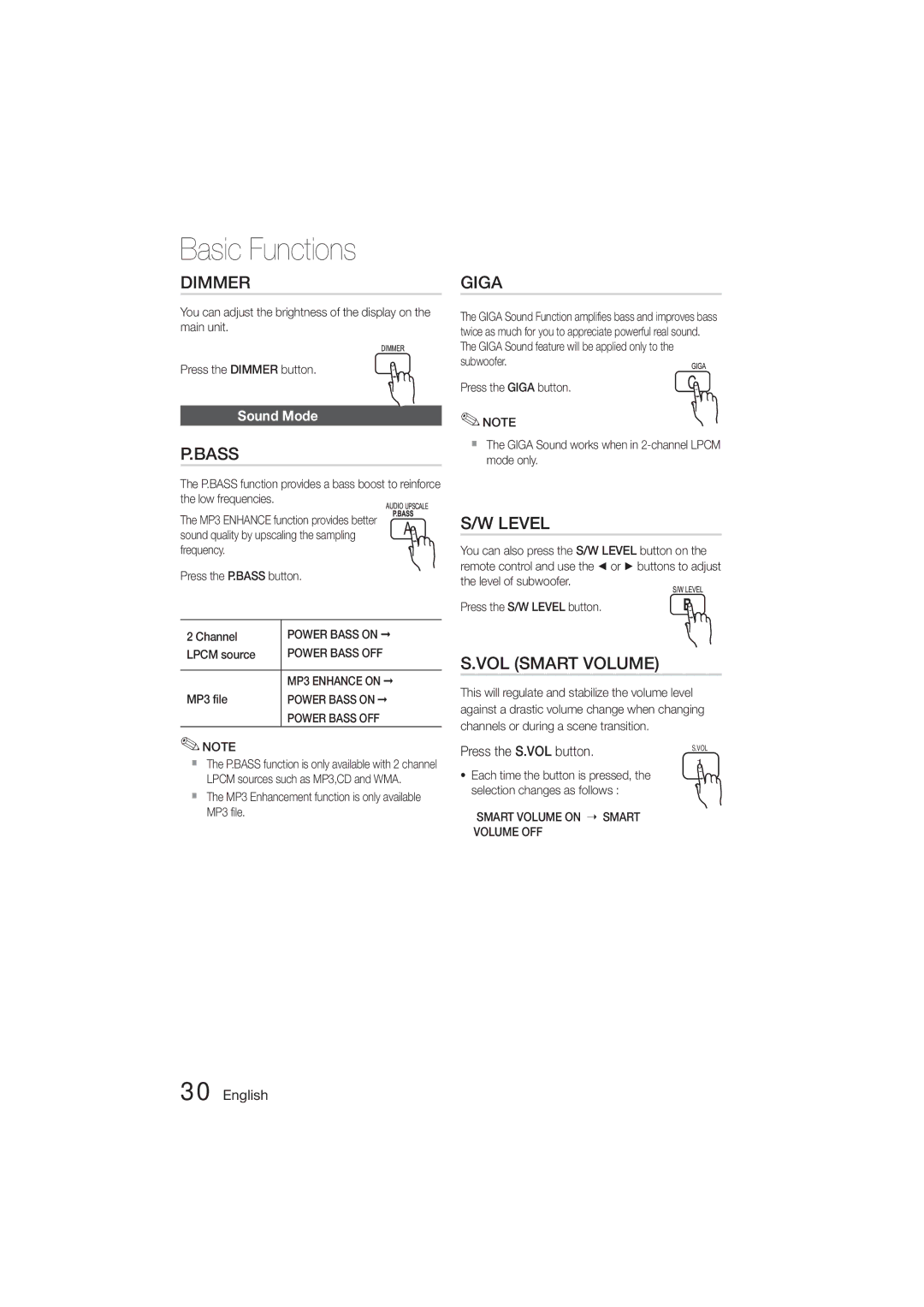 Samsung HT-E350, HT-355 user manual Sound Mode, Press the S.VOL button 