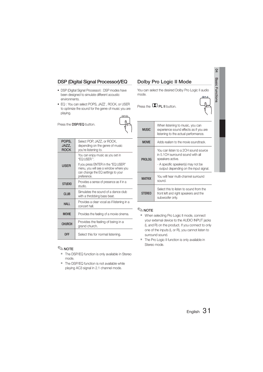 Samsung HT-355, HT-E350 user manual DSP Digital Signal Processor/EQ, Dolby Pro Logic II Mode 