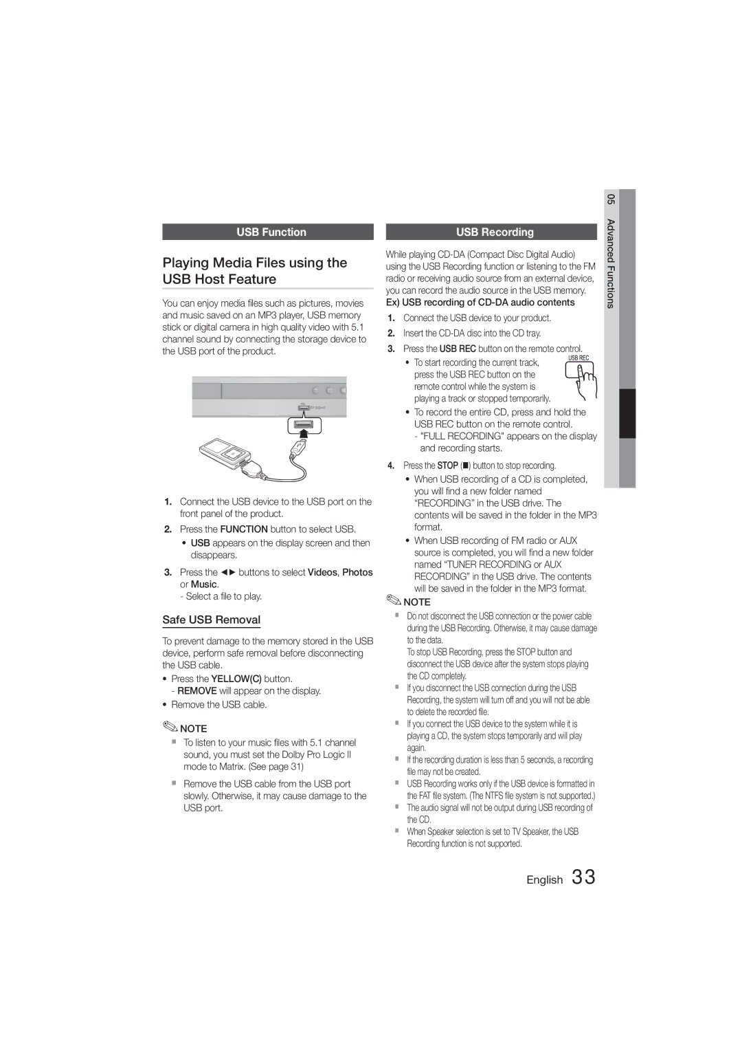 Samsung HT-355, HT-E350 Playing Media Files using the USB Host Feature, USB Function, Safe USB Removal, USB Recording 