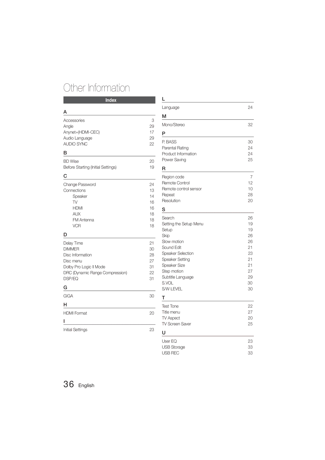 Samsung HT-E350, HT-355 user manual Index 