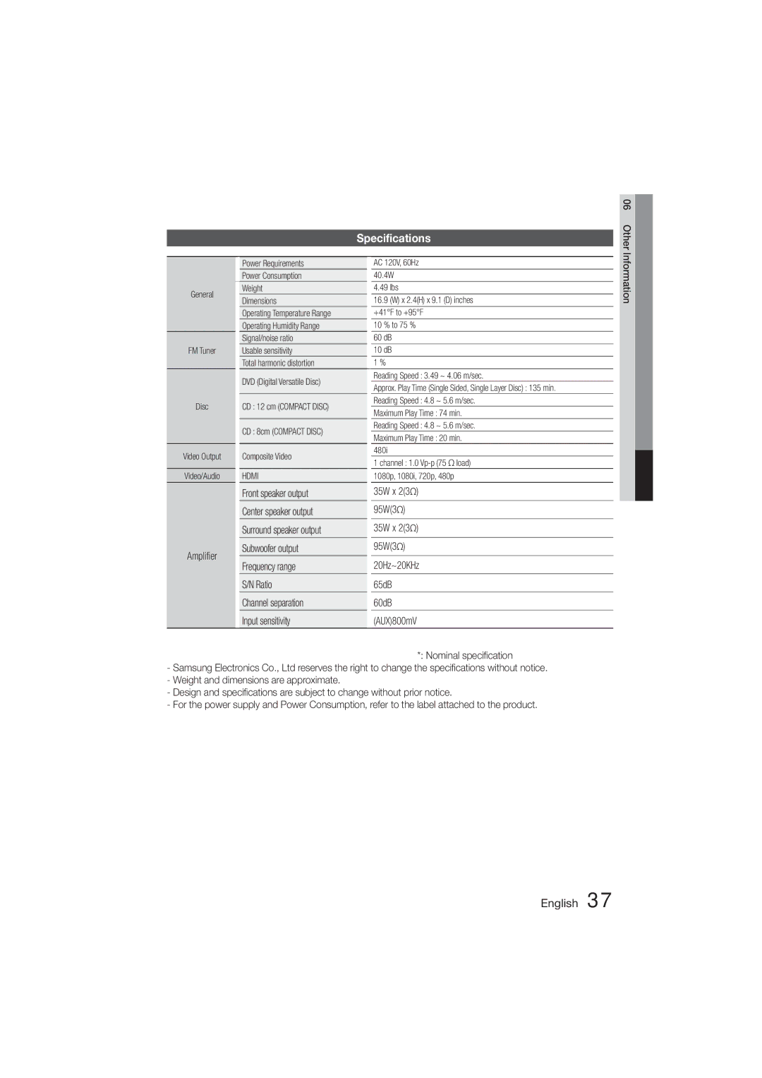 Samsung HT-355, HT-E350 user manual Specifications, Amplifier, 35W x 23Ω 95W3Ω 20Hz~20KHz 65dB 60dB AUX800mV 