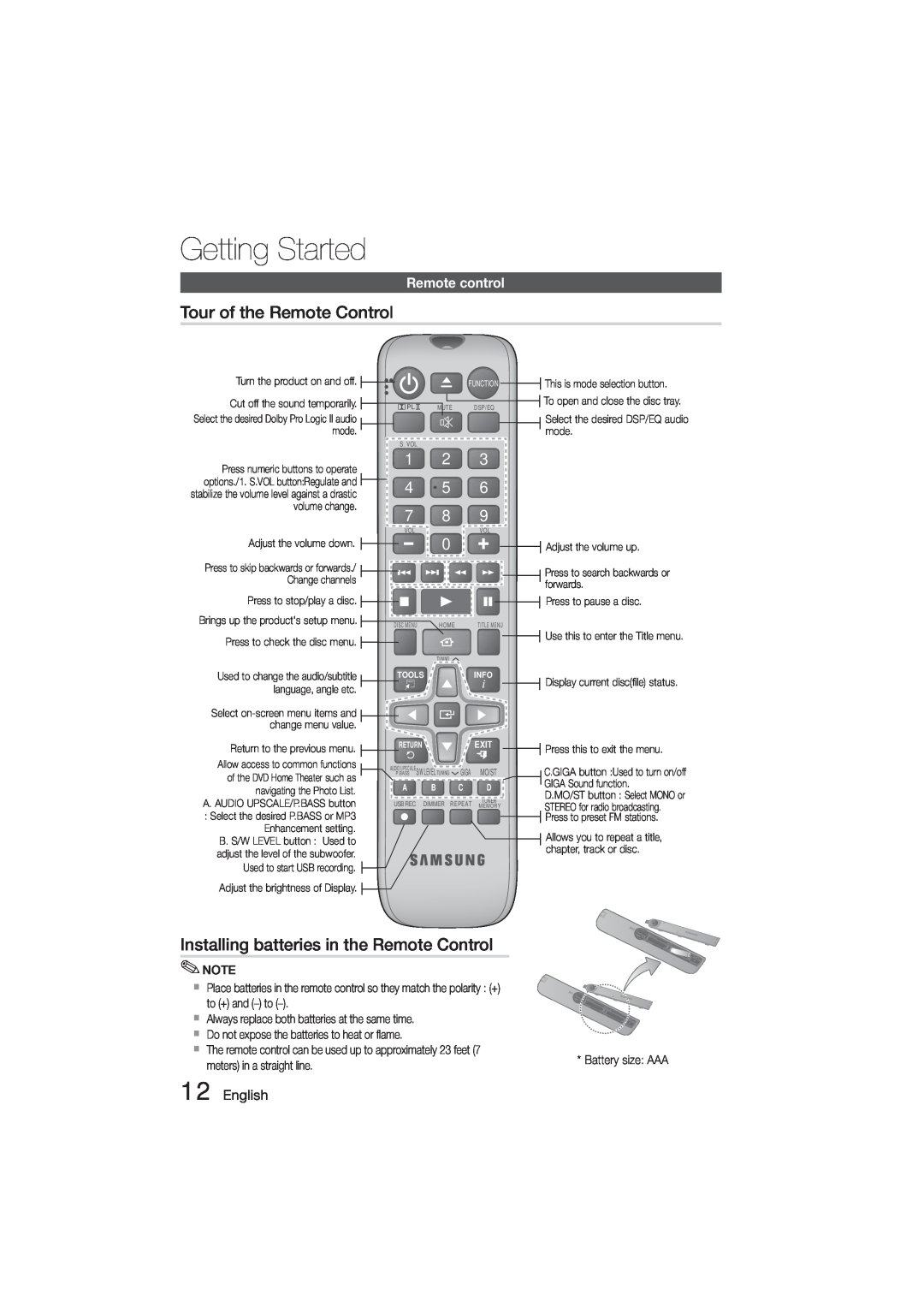 Samsung HT-E350, HT-355 Tour of the Remote Control, Installing batteries in the Remote Control, Remote control, English 