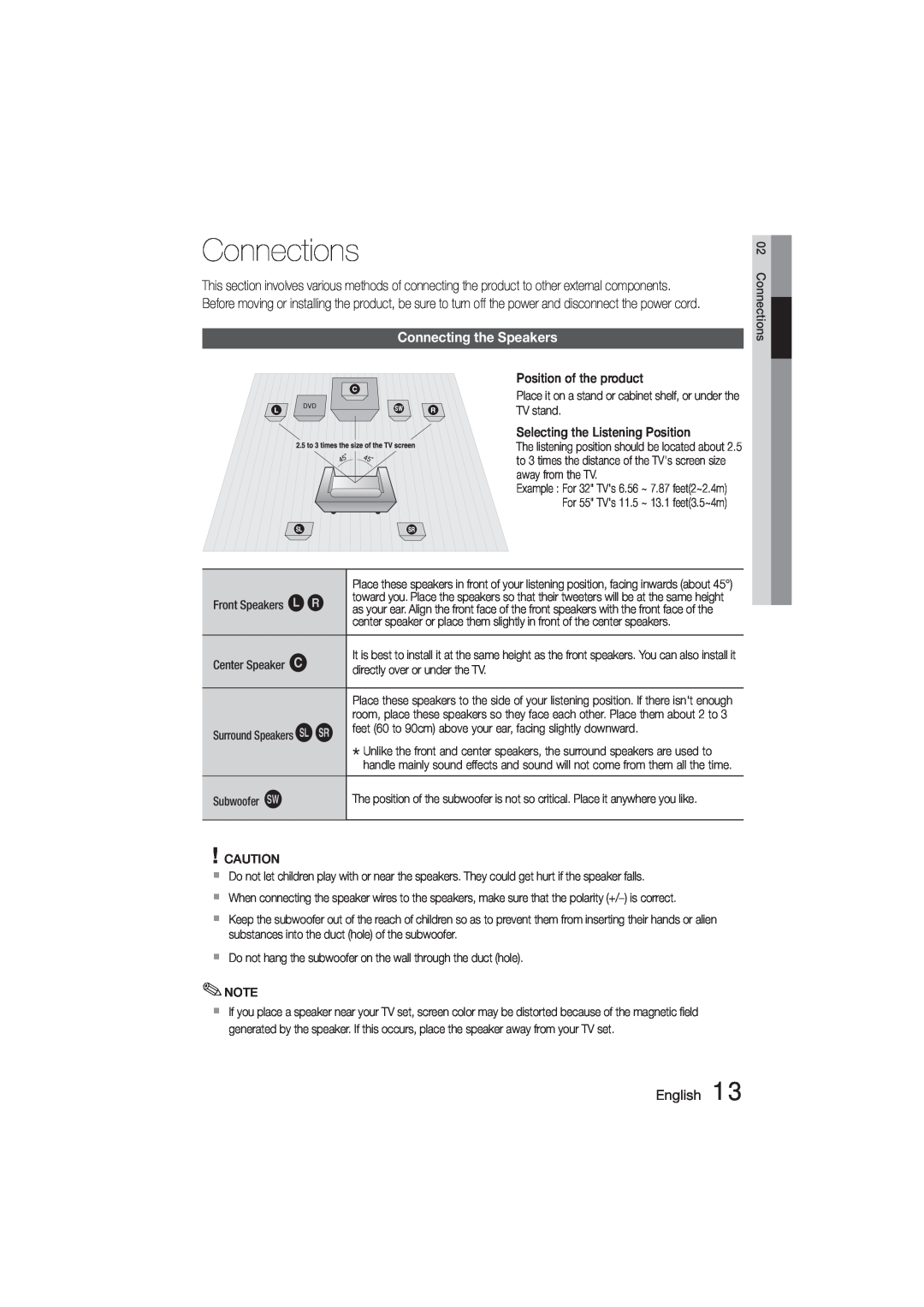 Samsung HT-355, HT-E350 user manual Connections, Connecting the Speakers, English 
