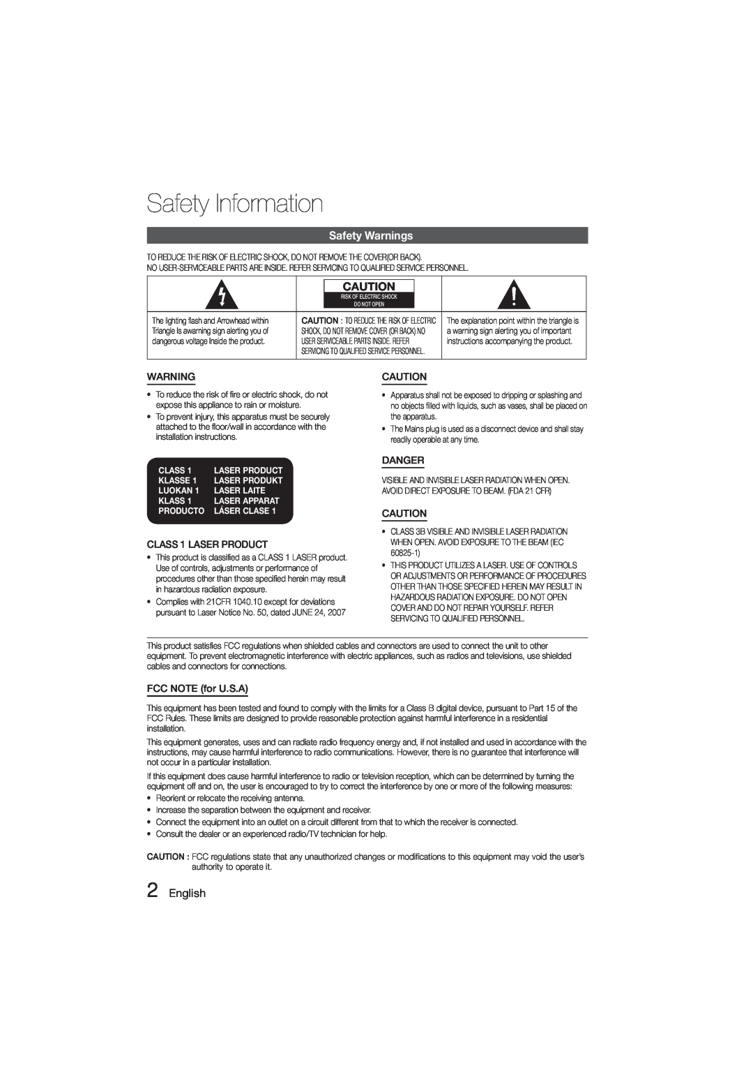 Samsung HT-E350 Safety Information, Safety Warnings, English, Class, Klasse, Luokan, Laser Laite, Laser Apparat, Producto 