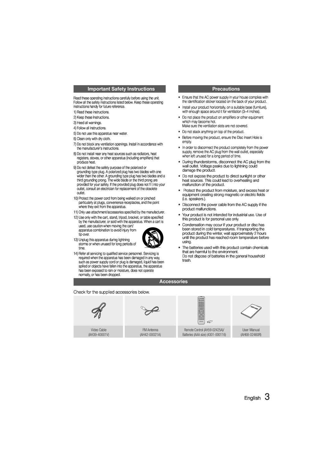 Samsung HT-355, HT-E350 user manual Important Safety Instructions, Precautions, Accessories, English 