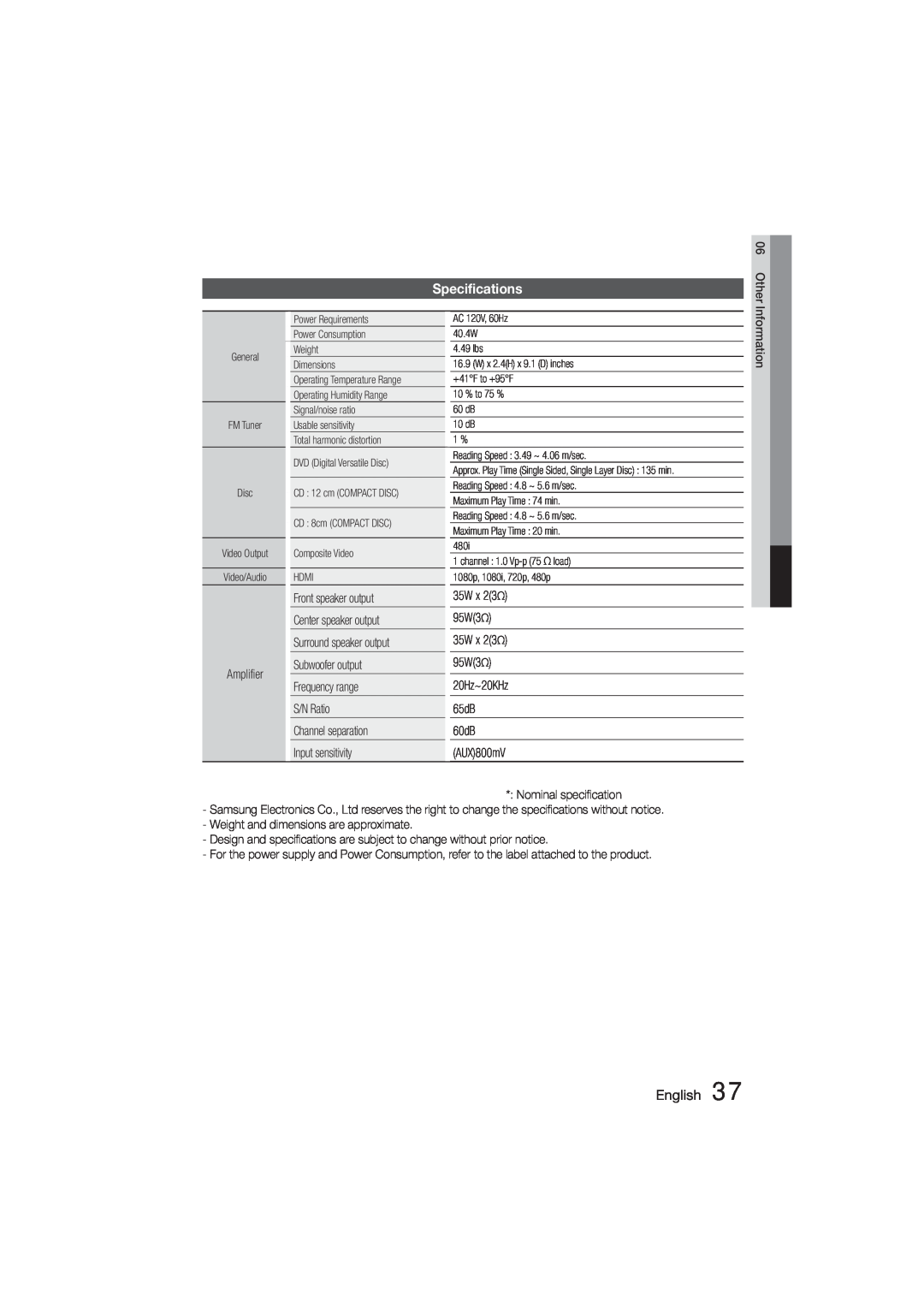 Samsung HT-355, HT-E350 user manual Specifications, English 