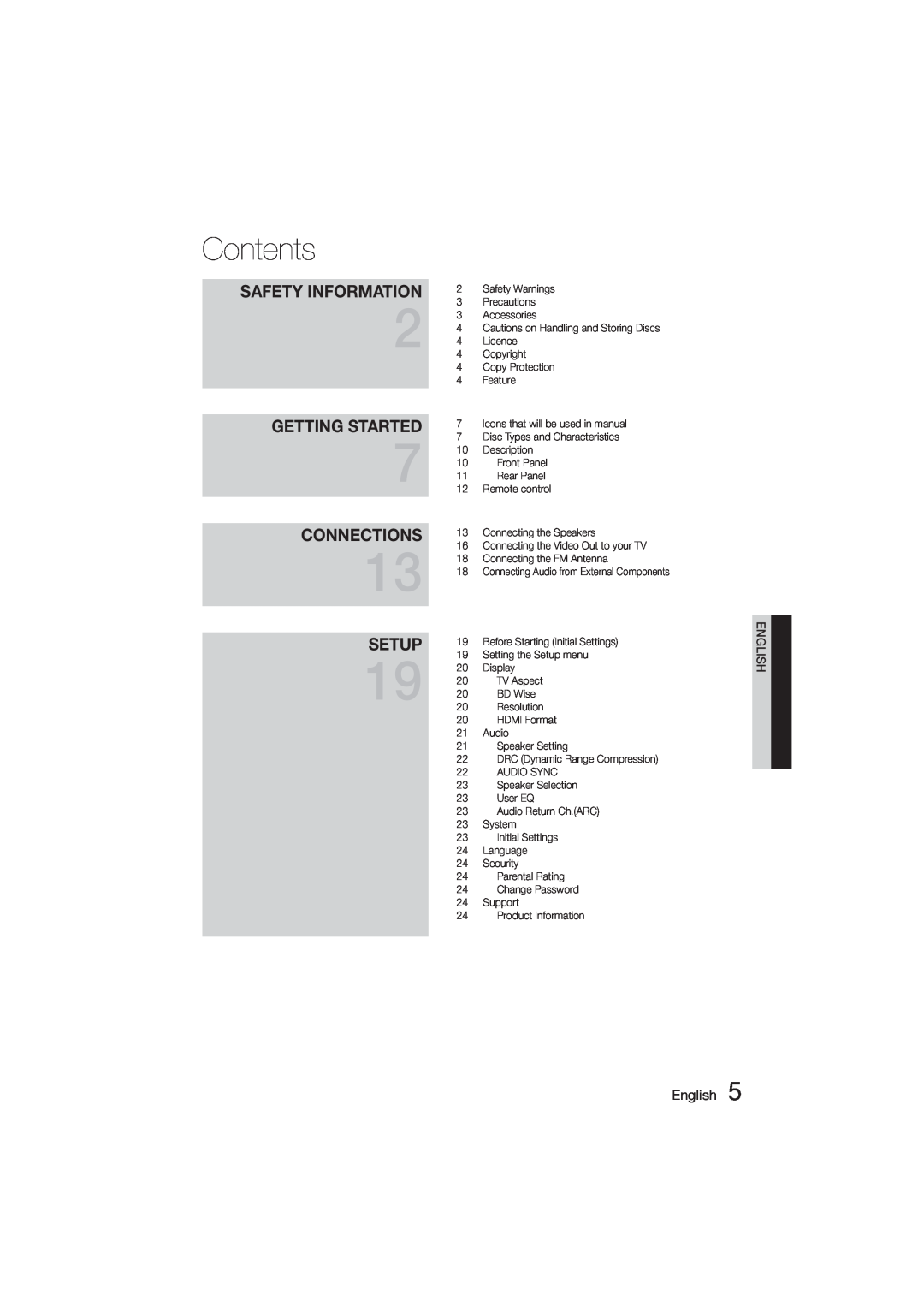 Samsung HT-355, HT-E350 user manual Contents, Getting Started, Connections, Setup, Safety Information, English 