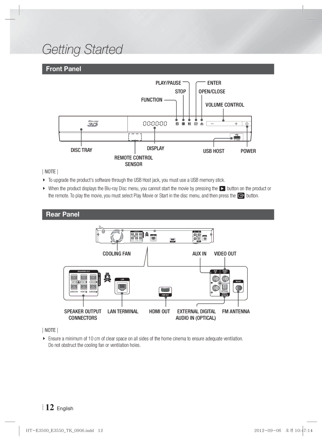 Samsung HT-E3500/TK manual Front Panel, Rear Panel 