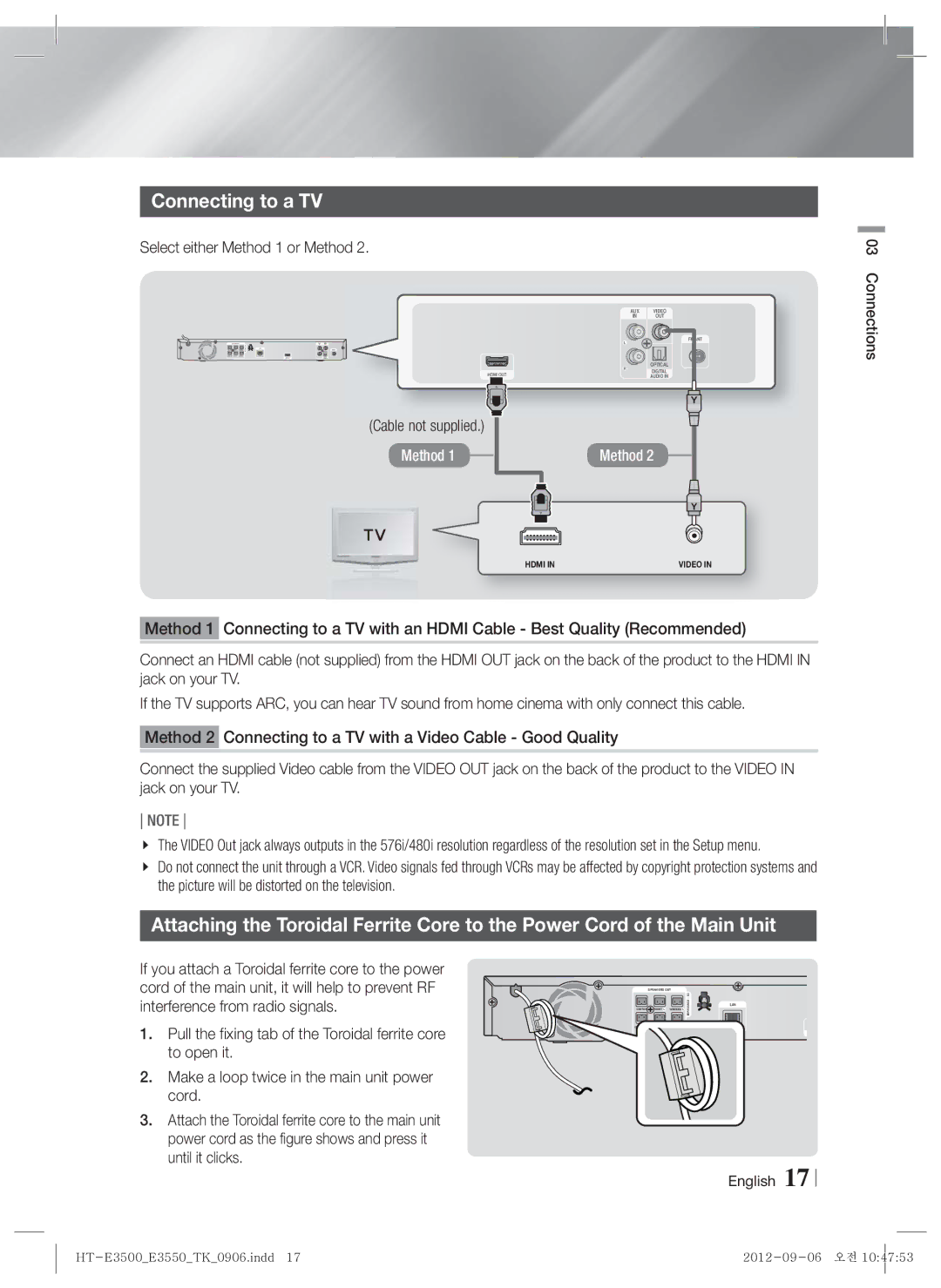 Samsung HT-E3500/TK manual Connecting to a TV, Select either Method 1 or Method 